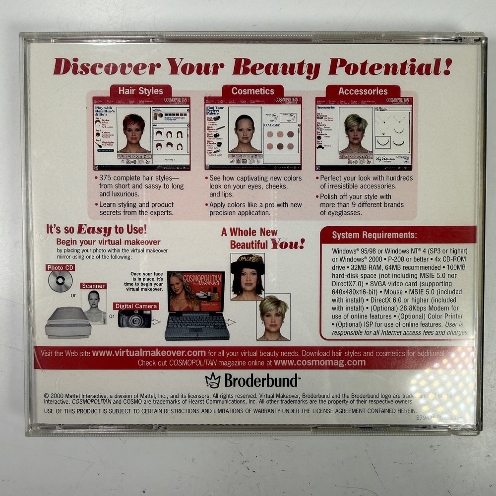 Cosmopolitan Virtual Makeover 3 PC CD-ROM Software Broderbund Windows 95 98 NT