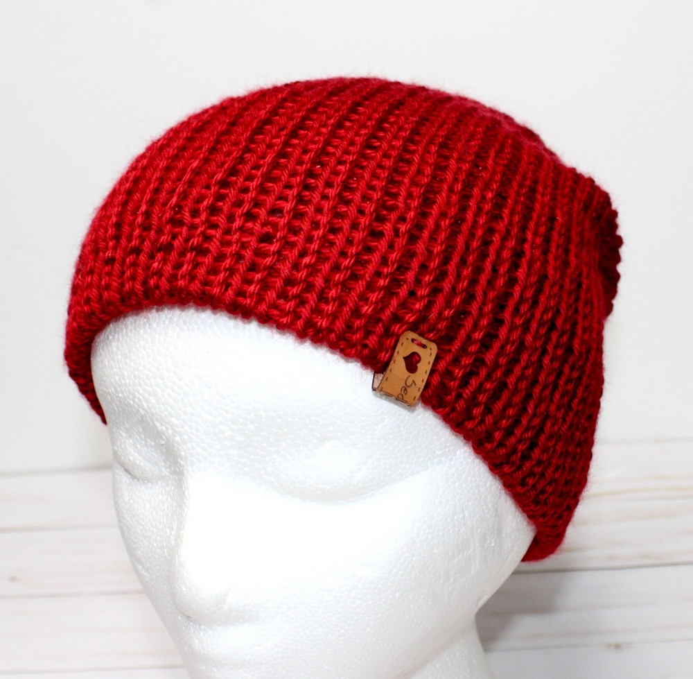 Hand Crocheted Red Glittery Yarn Hat, Double Sided / Reversable Use