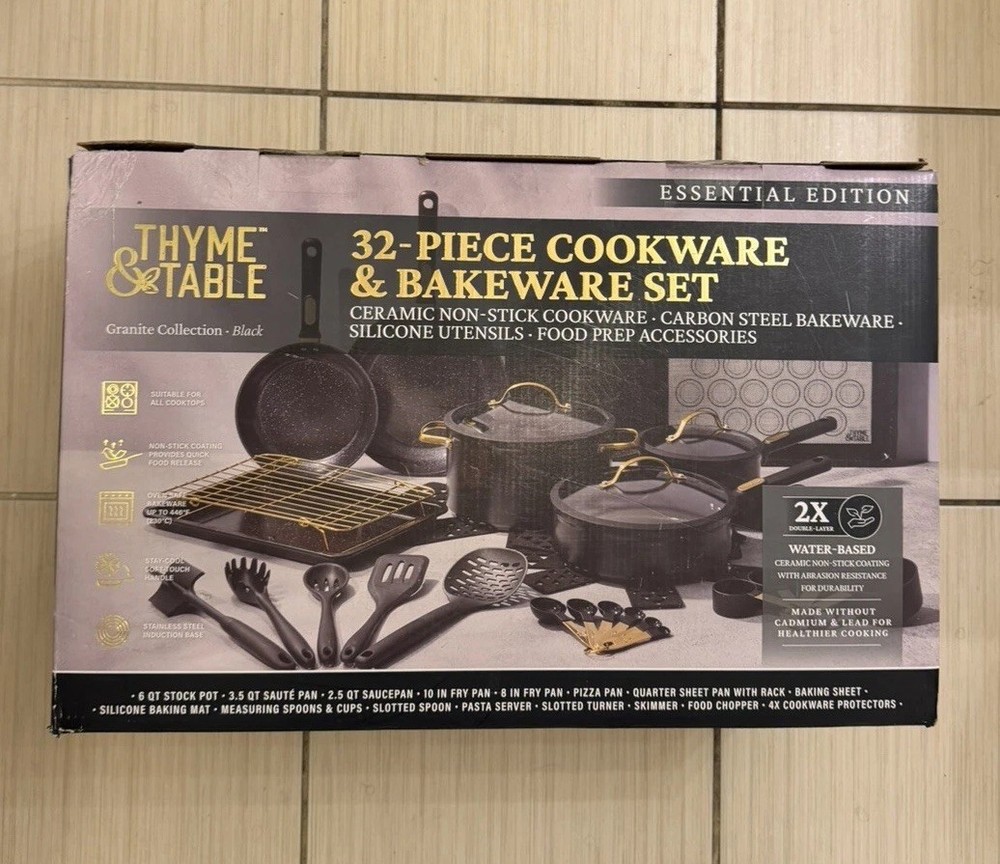 Thyme & Table 32-Pc Cookware & Bakeware Set Ceramic Nonstick Pots Pans – Black