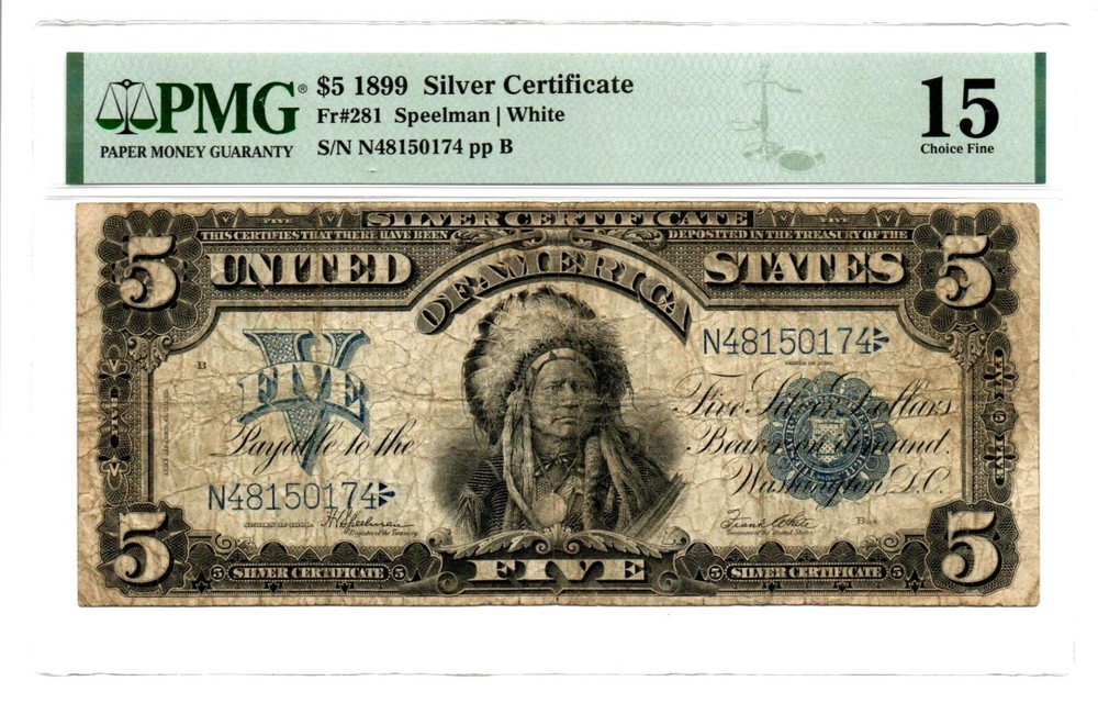 Fr. 281 1899 $5 Silver Certificate Note Speelman / White PMG Choice Fine 15
