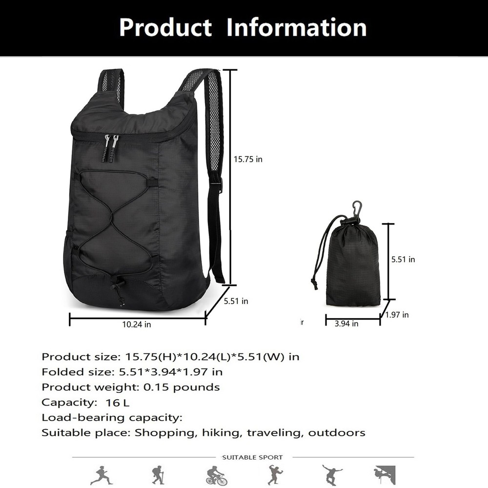 levayhill 16L Lightweight Foldable Hiking-Backpack Small Small, Black
