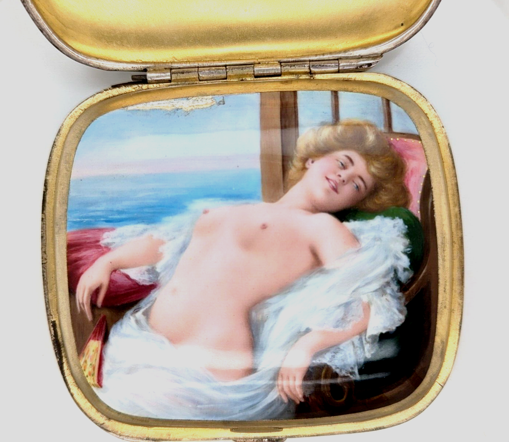 Silver and Enamel Cigarette Case with Concealed Erotic Enamelled Scene