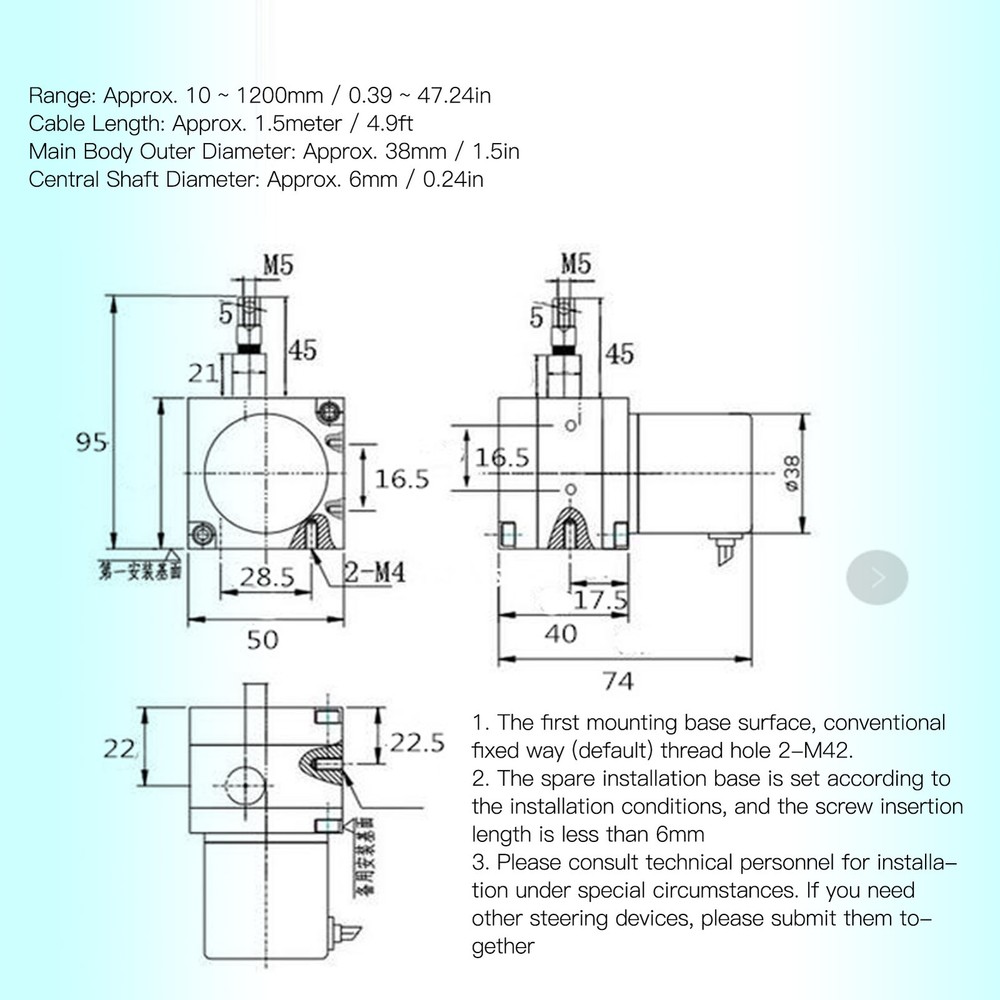 Draw Wire Encoder Pulse Stroke Optional Incremental Cable Switch 38mm 10‑1200mm