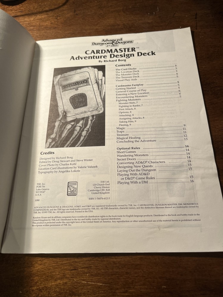 Cardmaster Adventure Design Deck - AD&D Pre-owned Instruction Manual Only