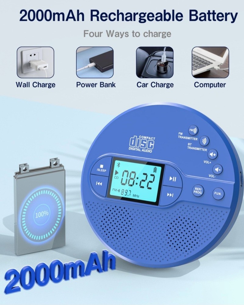 Portable CD Player with Bluetooth, Disman CD Player for Car with FM Transmitter,