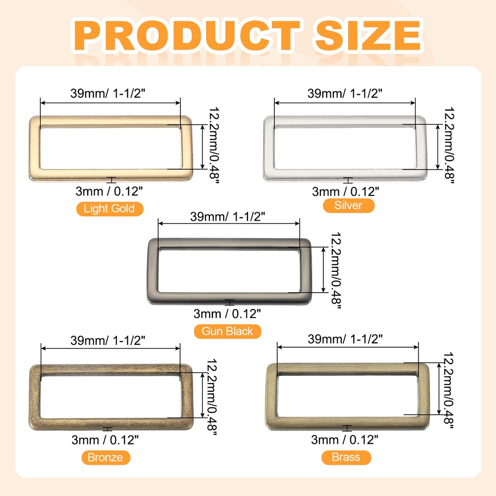 8pcs 1-1/2inch Metal Flat Rectangle Ring Buckle Silver
