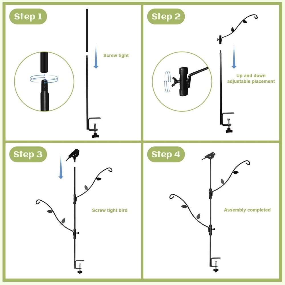 Adjustable Deck Bird Feeder Pole with Multi-Hooks - Black