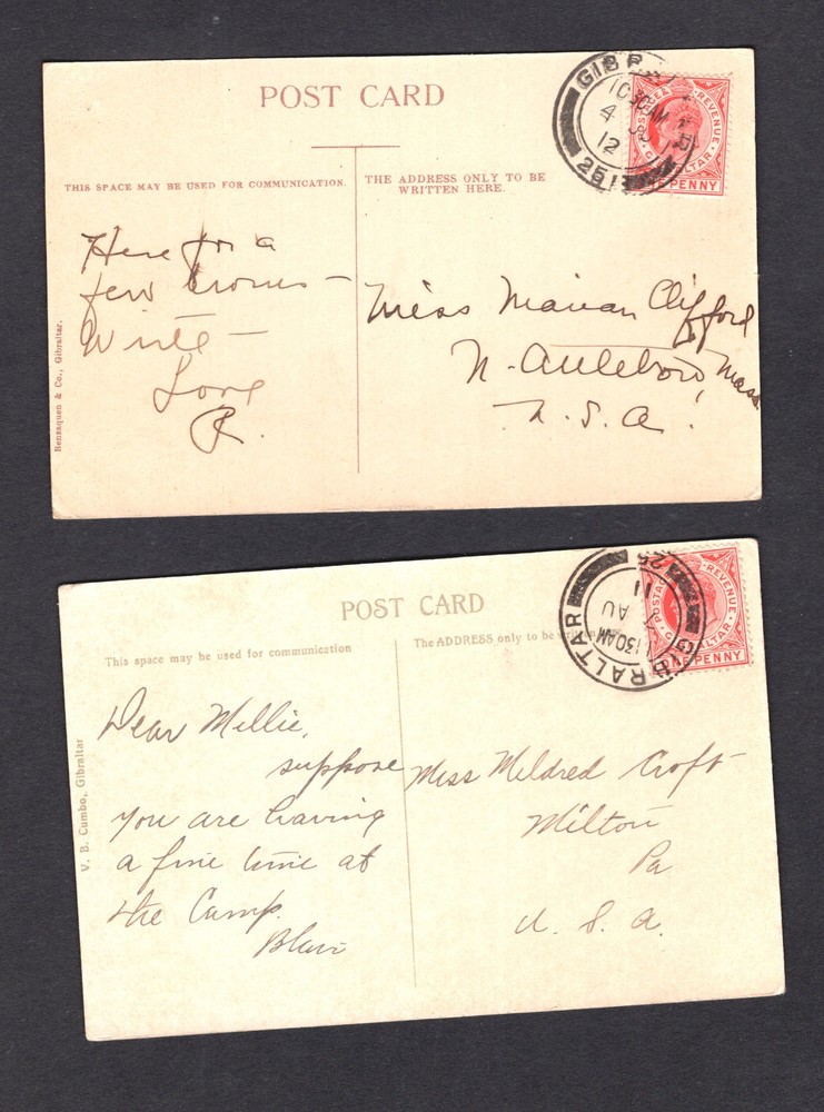 Gibraltar   2  post  cards  1911,  1912
