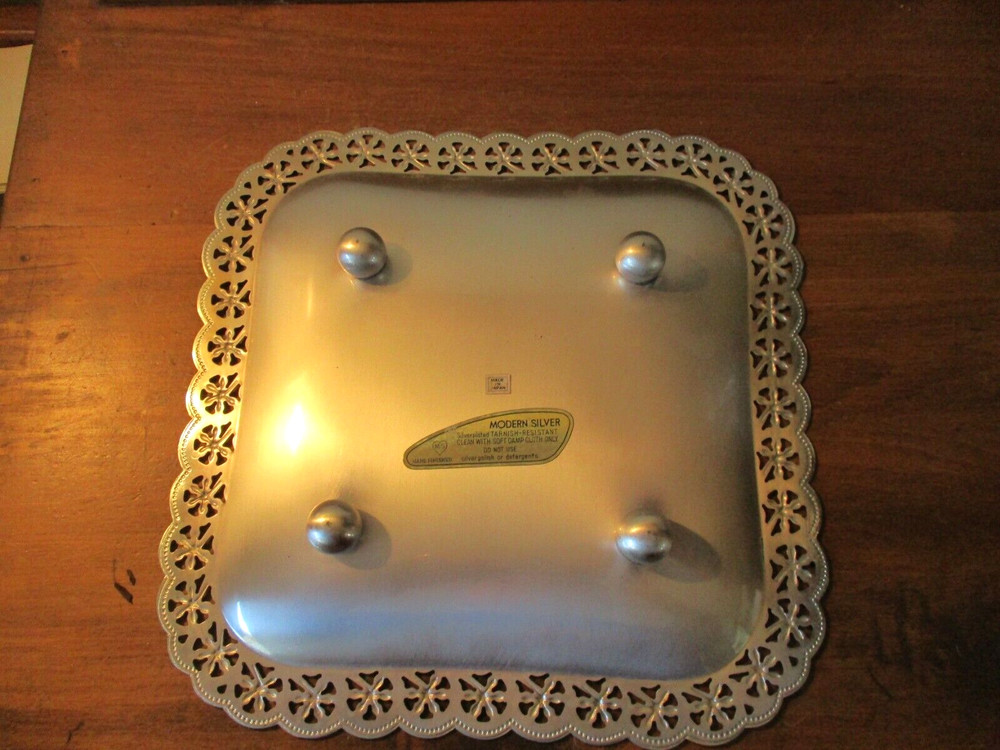MS MODERN SILVER FILIGREE EDGE SILVERPLATE FOOTED PLATTER TRAY