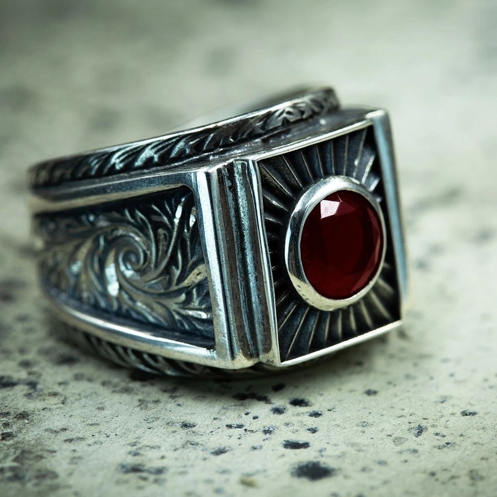 925 Men's Red Ruby Gemstone Handmade Engraved Sterling Silver Ring