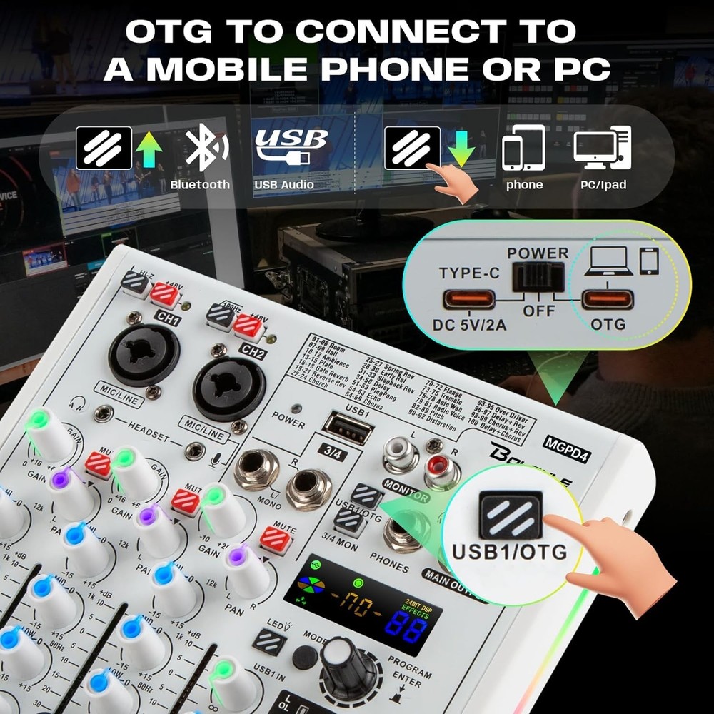4-Channel DJ Mixer with 100 DSP Effects, USB Audio Interface & Bluetooth - Pr...