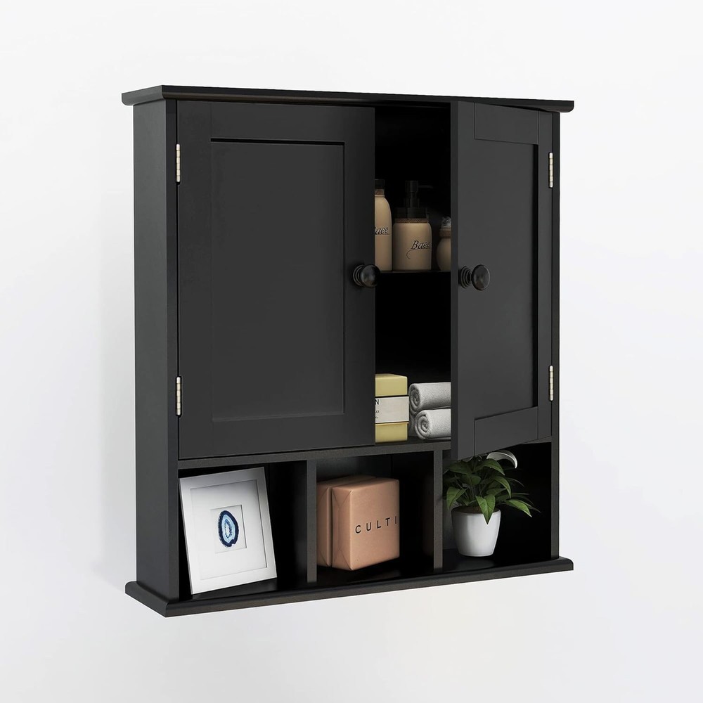 Space-Saving Black Wall Cabinet with 2 Doors and Adjustable Storage Shelves