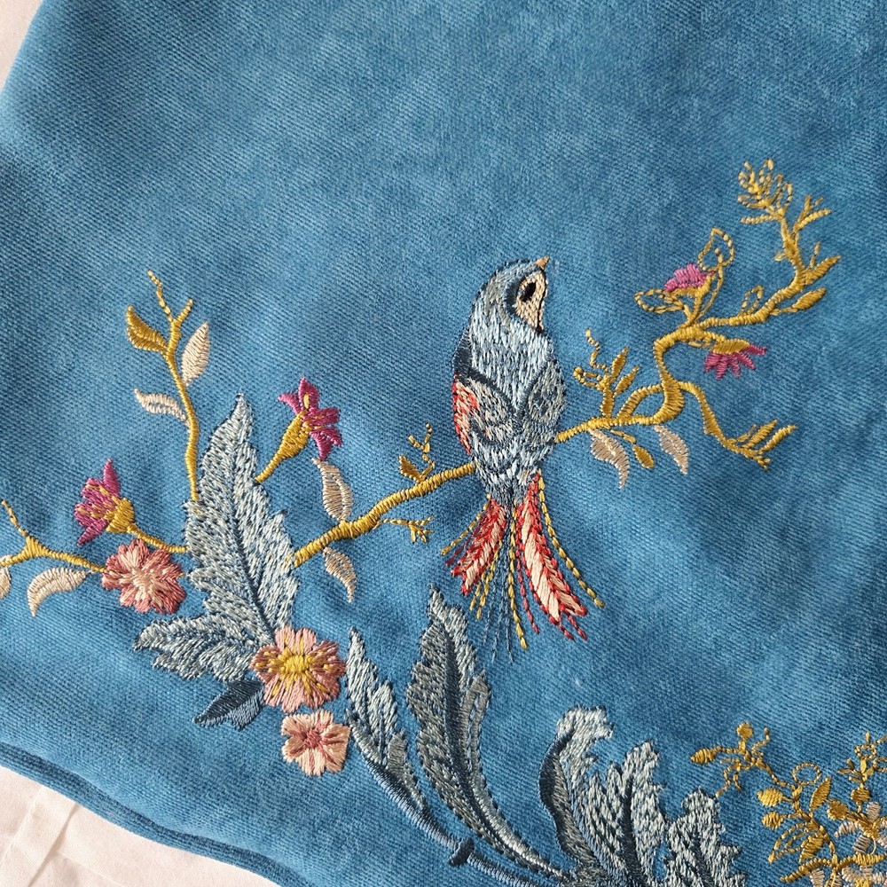 Handmade Blue Intricate Floral Bird Square Pillowcase