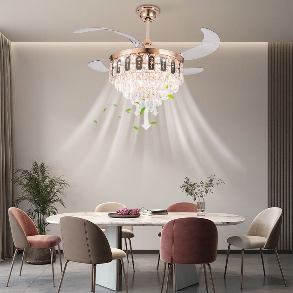Crystal Ceiling Fan Light 6 Speed Modern LED Dimmable Pendant Lamp With Remote