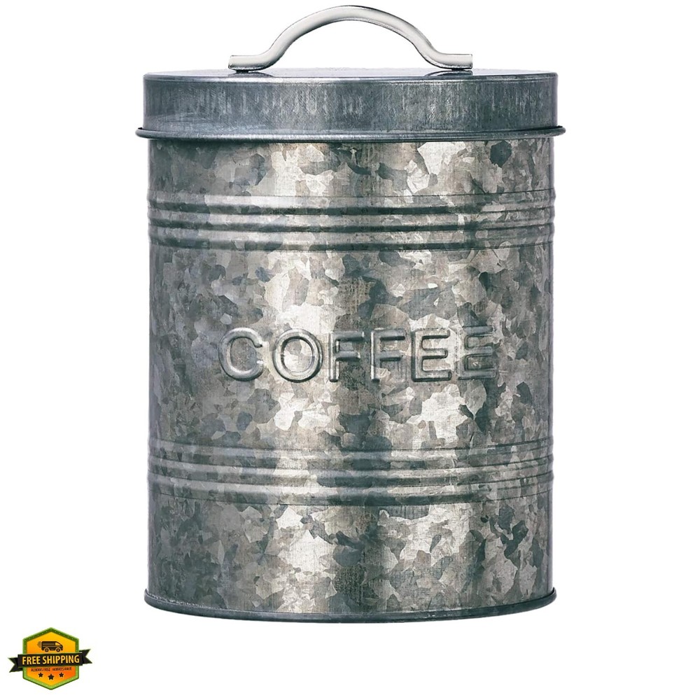 Rustic Kitchen Coffee Metal Canister | Galvanized Metal Storage Container wit...