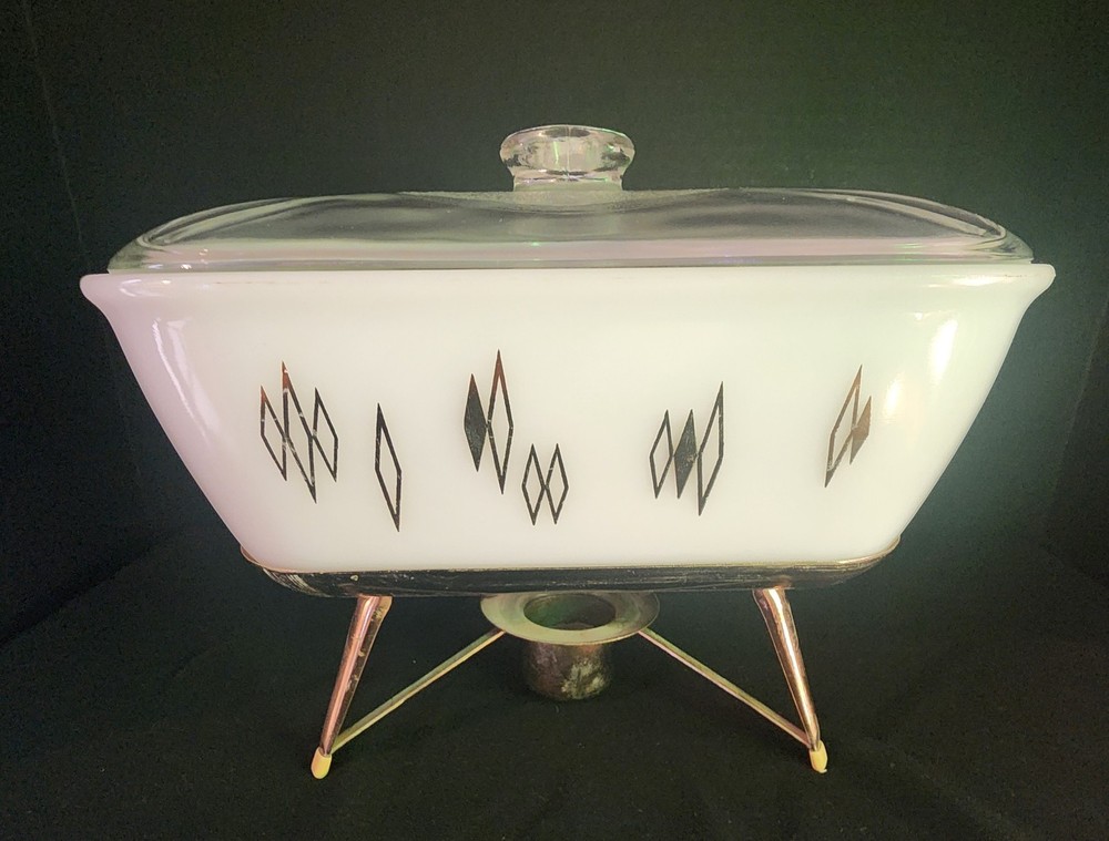 VTG MCM ISLAND GLASS Chafing/Casserole ~ Triangular W/Diamonds/ Warming Stand