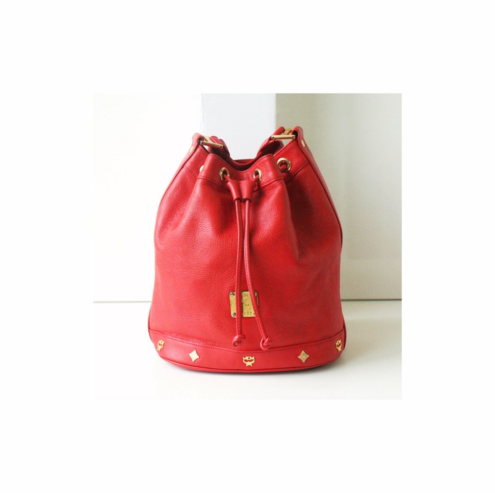 Vintage MCM Leather Drawstring Shoulder Cross handbag Red authentic