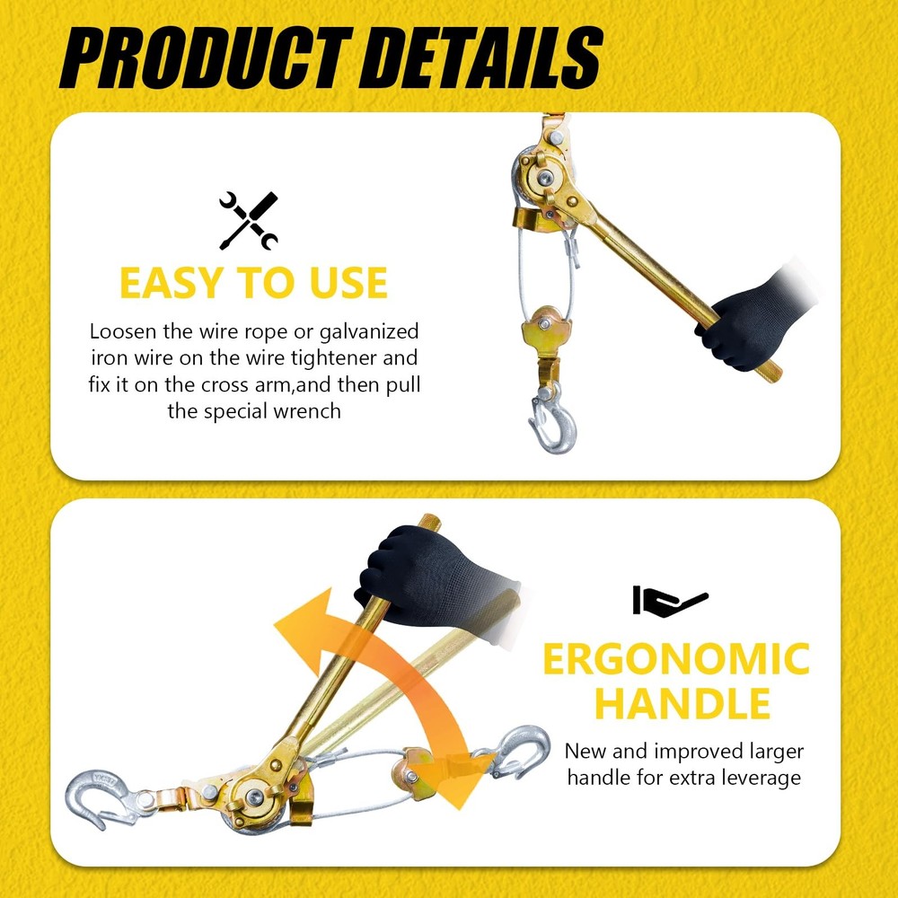 SENKEYFE Come Along Winch Puller 3T 10FT, Cable Hoist Winch Puller with 2 Hooks,