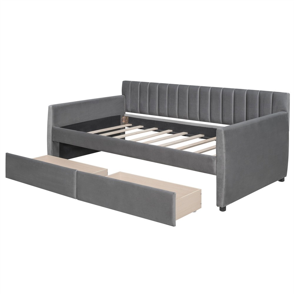 Twin Size Daybed w/ 2 Drawers Upholstered Bed Frame Sofa Bed with Storage Gray