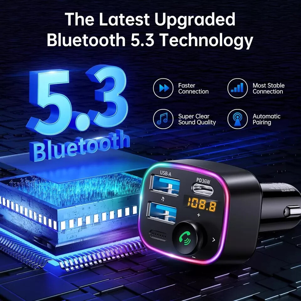Syncwire Bluetooth 5.3 FM Transmitter Car Adapter 48W(PD 36W & 12W)[Light Switch