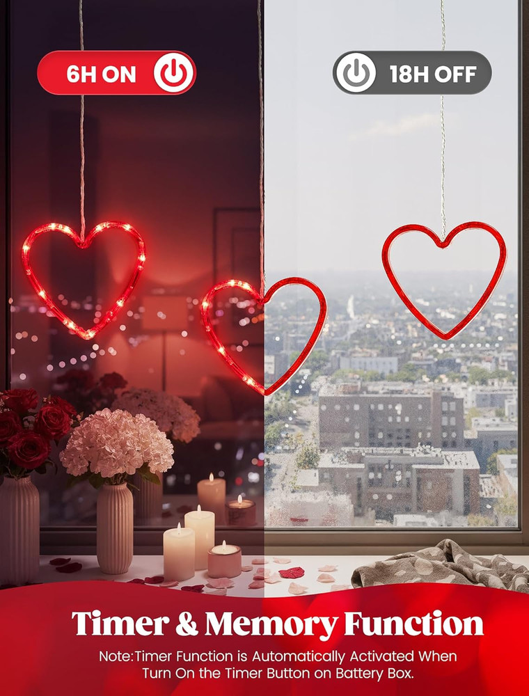 Valentine'S Day Decorations 30LED Red Heart Curtain String Lights Gift 3 Pack