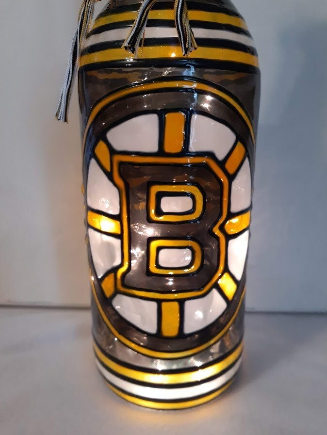 Boston Bruins Inspired Wine Bottle Lamp Hand Painted Lighted