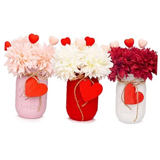 Valentines Table Decorations - 3PC Set with Mason Jars, Valentine Décor
