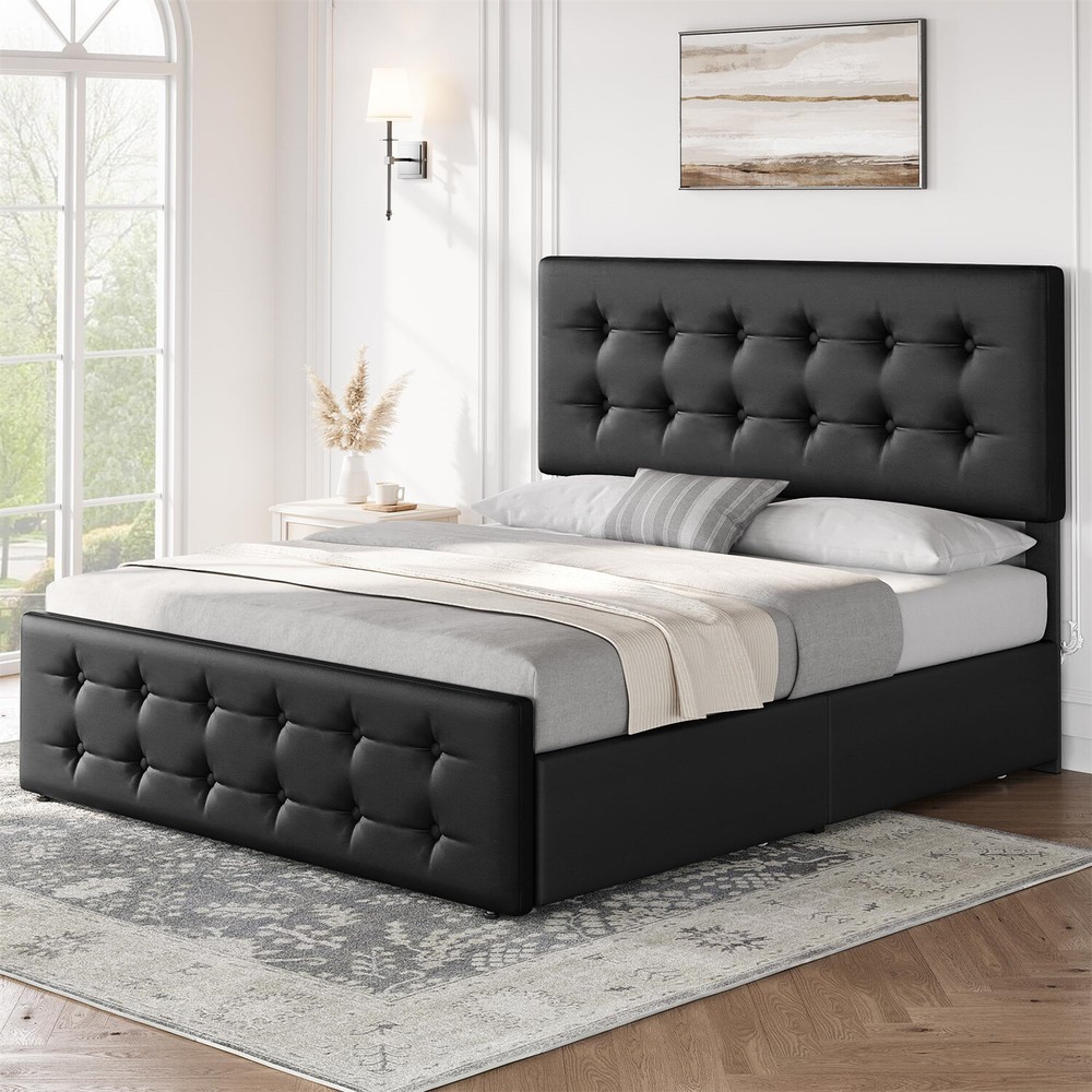 🎱✅Full Size Bed Frame with 4 Storage Drawers and Headboard Upholstered Platform