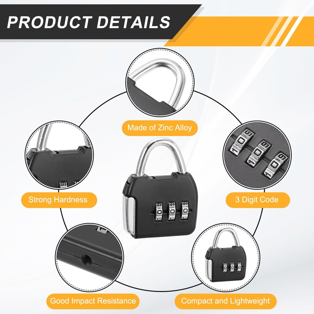 2Pcs Resettable 3 Digit Combination Lock Code Padlock, Black (47 x 36mm)