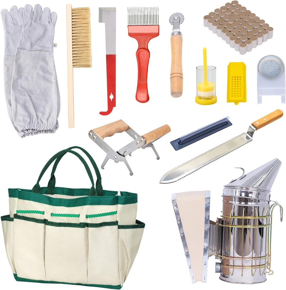 14Pc Beekeeping Starter Kit Smoker Gloves Hive Tools Honey Extract Set