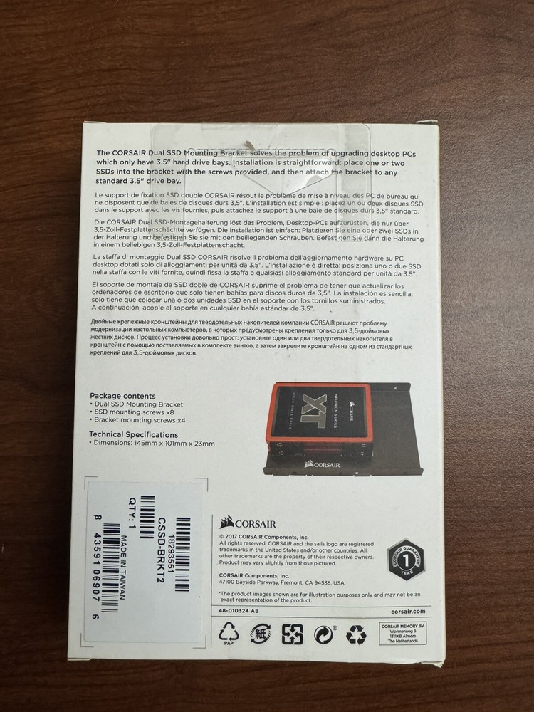 Corsair Dual SSD Solid State Mounting Bracket 3.5" CSSD-BRKT2 Black new in box.