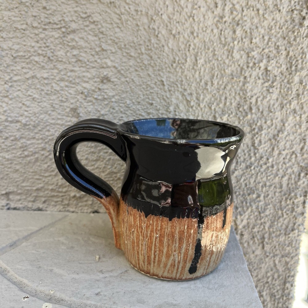 Studio Pottery Mug Cup Black Drip Glaze Green Inside Cup