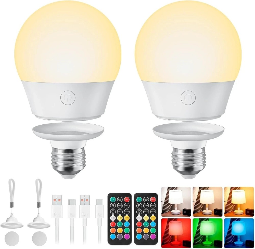 2Packs E26 Rechargeable Light Bulbs Remote Control Timer  700LM 3 Color w/ 9 RGB