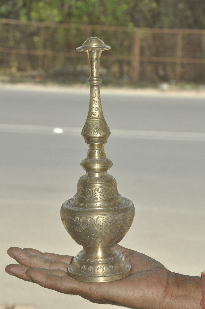 Vintage Brass Inlay Engraved Solid Handcrafted Rose Water Bottle