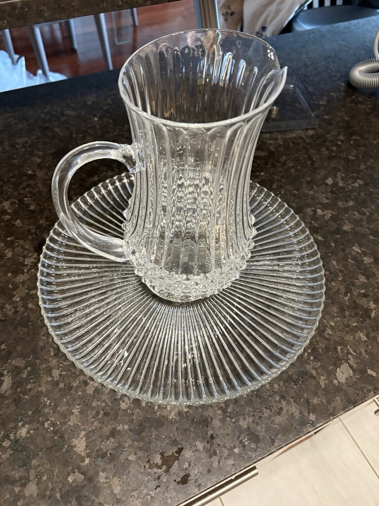 Vintage Glass Water Pitcher With Tray