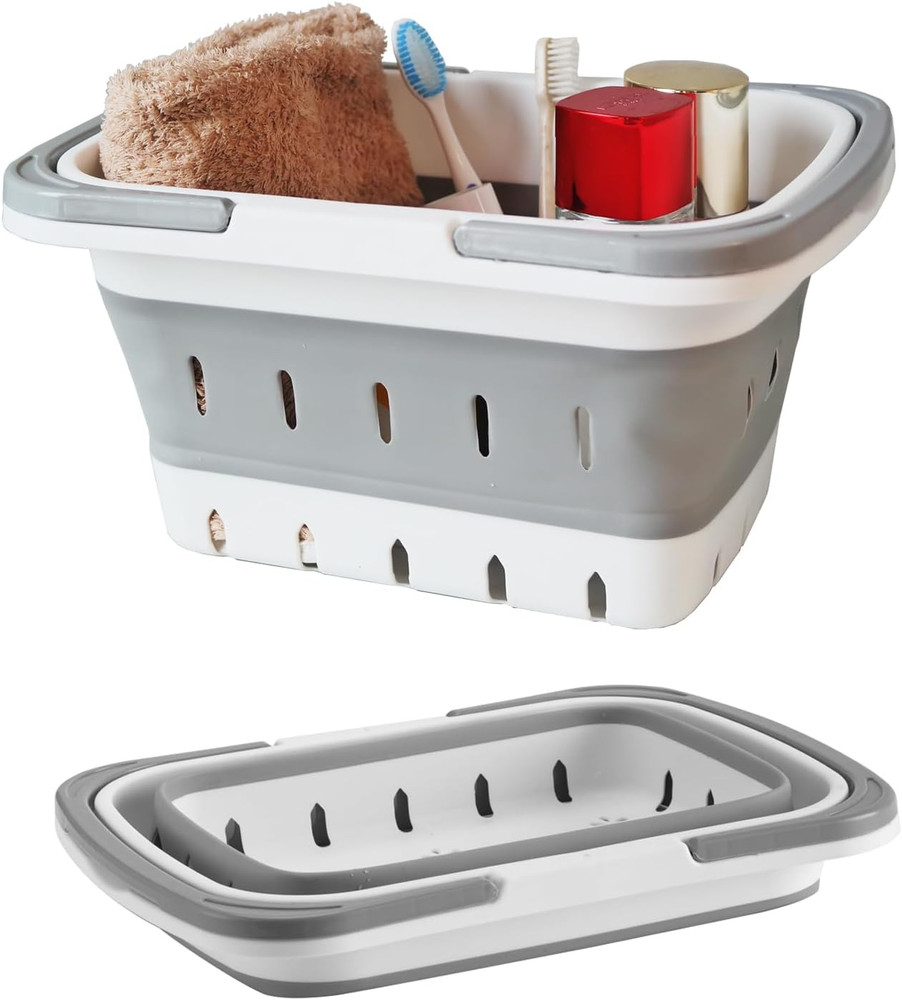 Portable Folding Plastic Bath Caddy with Handle, Perforated, Travel Bathroom