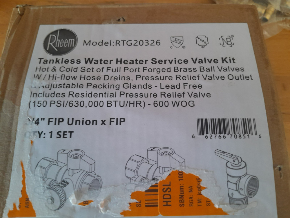 Rheem RTG20326 Tankless Water Heater Service Valve Kit 3/4”￼