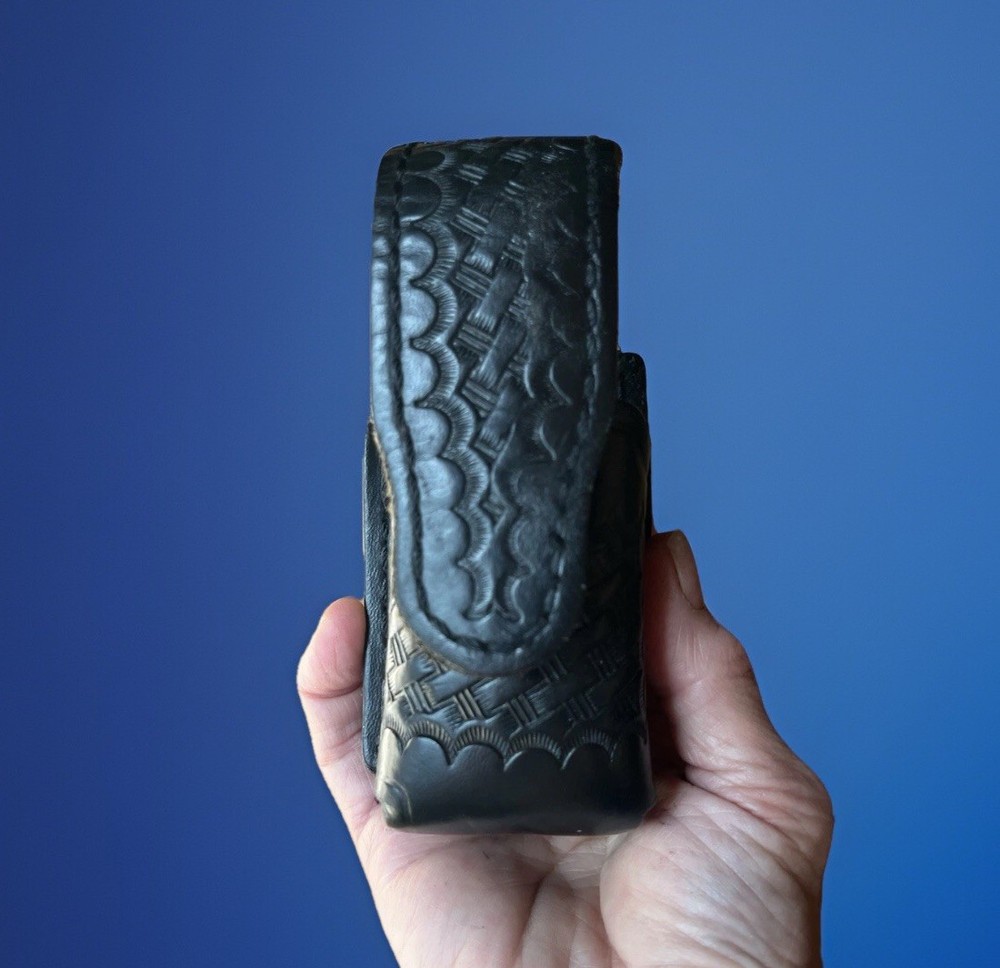 Jay-Pee Hand Tooled Leather Pepper Spray Holder, Hook & Eye Closure. 5”