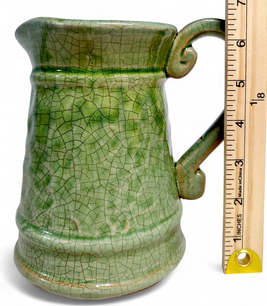 Vintage Crackle Ceramic Green Earthen Pitcher 6"