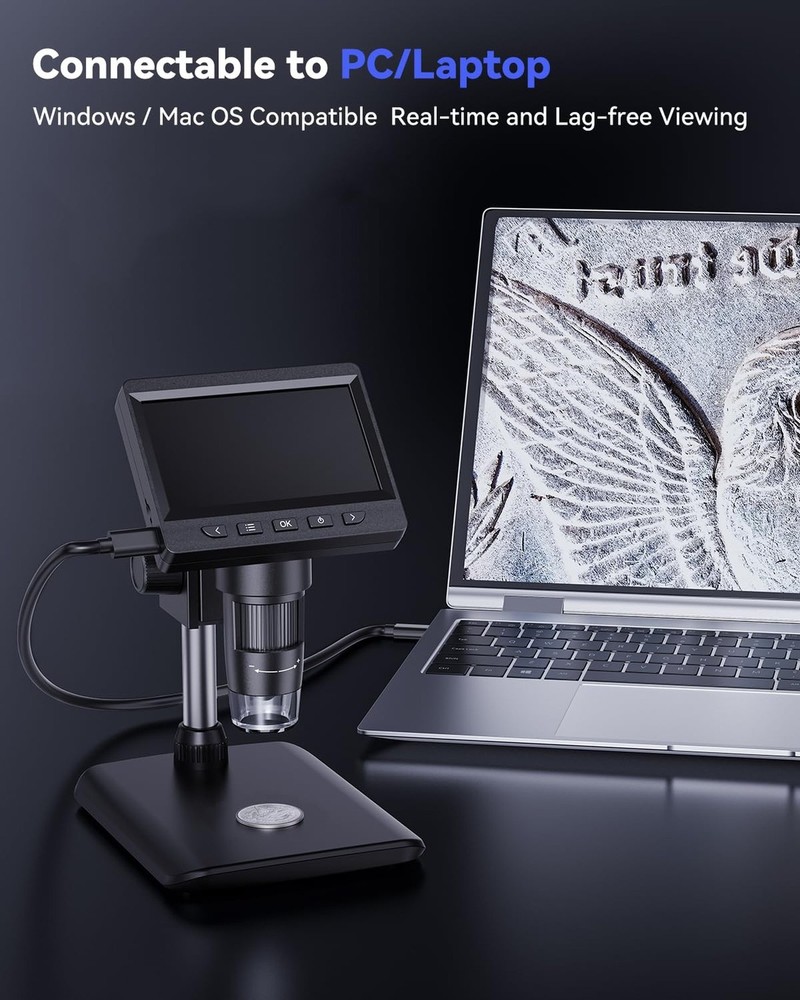 Digital Microscope, Coin Microscope with Light Adjustable Brightness 4.3" HD ...