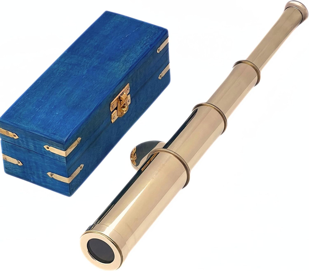 Solid Brass Pirate Spyglass Telescope – Antique Handheld Sailor Scope with Blue