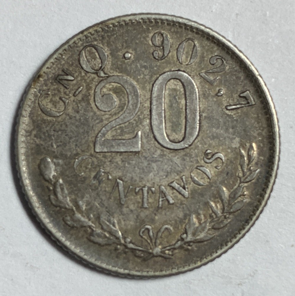 1901-Cn Q Mexico 20 Centavos Second Republic Silver Clean Fields Luster