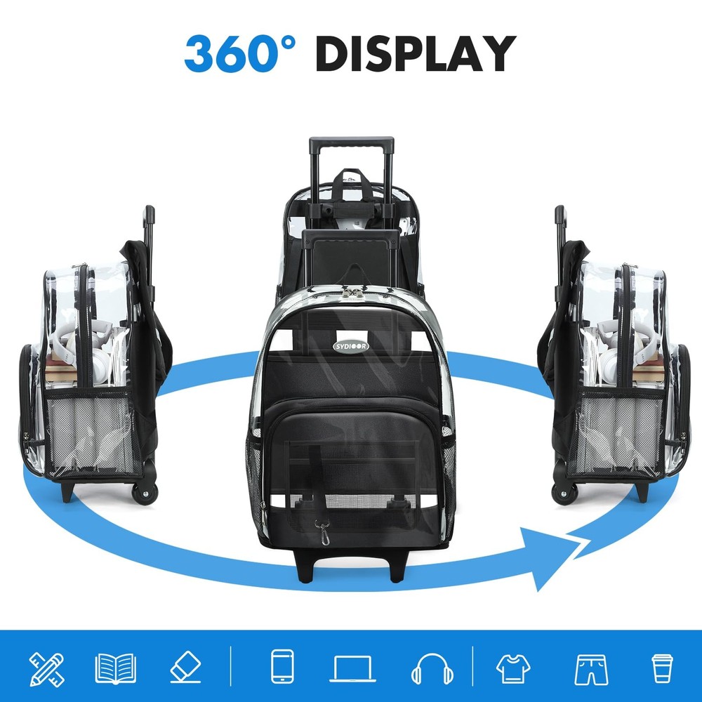 Rolling Clear Backpack Heavy Duty, 3-Stage Telescopic Handle Transparent Book...