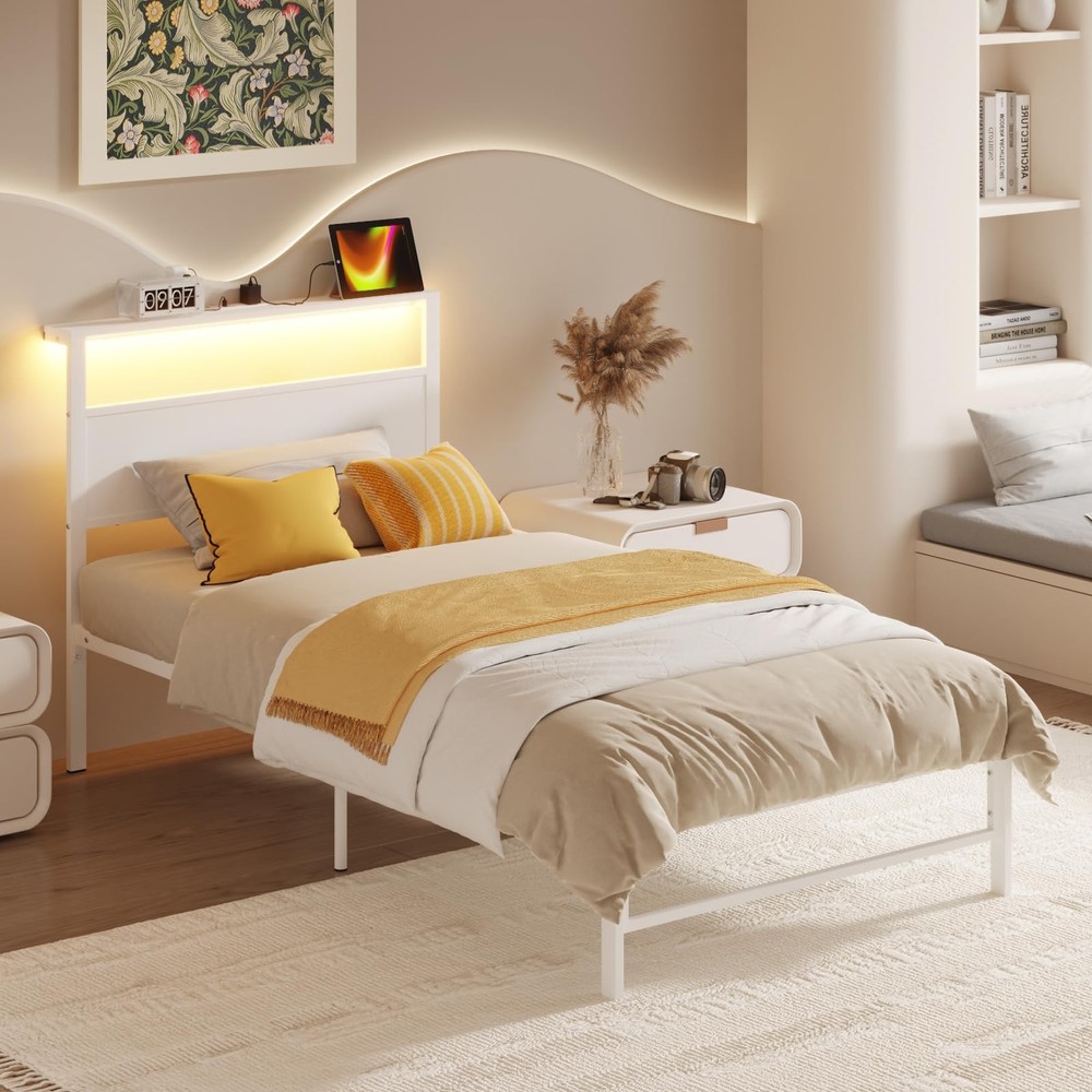 Weehom Twin Bed Frames with Headboard Shelf Storage, Wood Twin Bed Frame with...