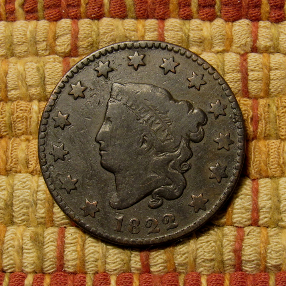 1822 CORONET LARGE CENT, VG/F ~ PLEASING EXAMPLE WITH NICE FULL REVERSE