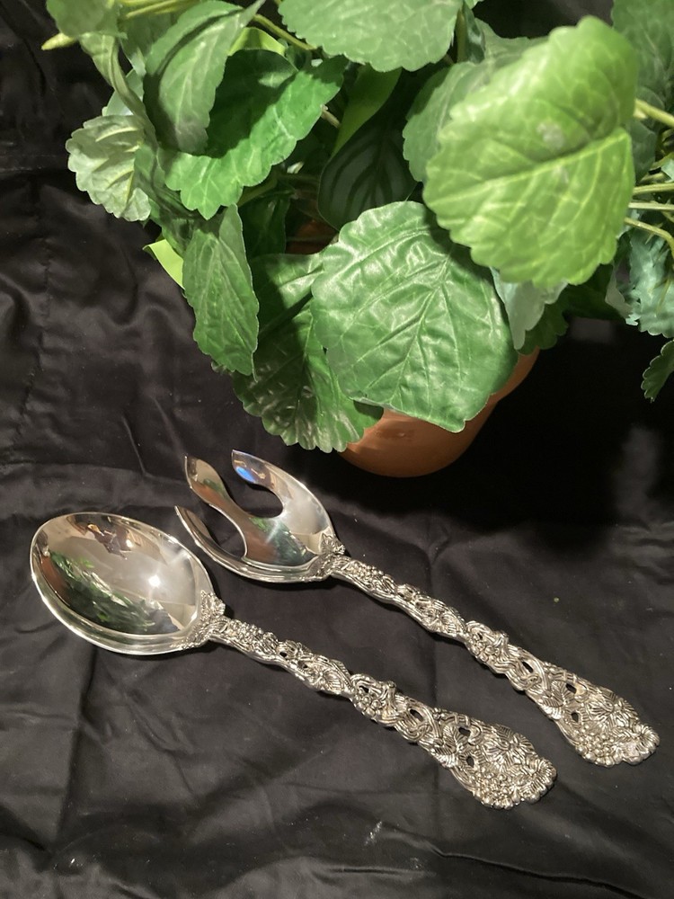 Vintage Godinger Vineyard Silver Plated Salad Serving Fork & Spoon Pristine Cond