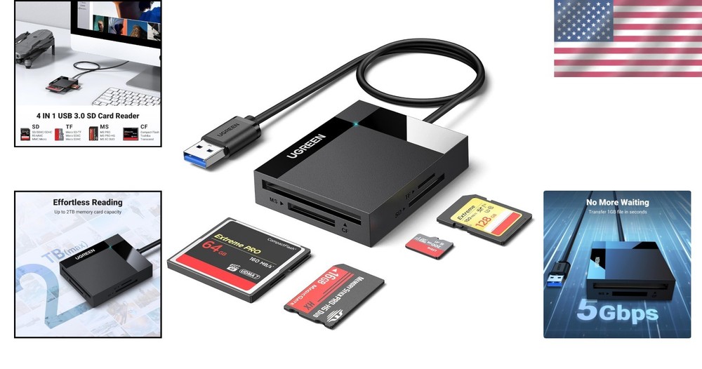 Portable USB 3.0 SD Card Reader for Quick 4 Card Access - Compact Black Hub