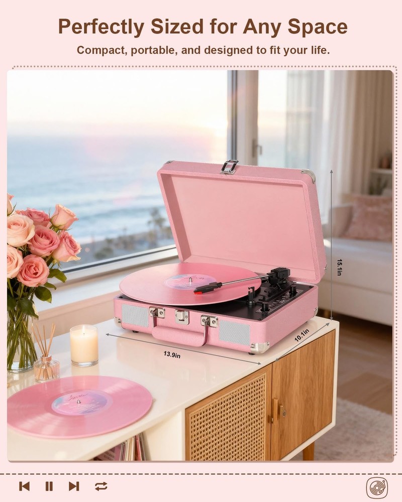 Vinyl Record Player Bluetooth 3-Speed Portable Suitcase Turntable with Built-...