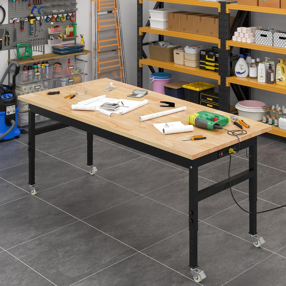 60" Adjustable Work Bench, Rubber Wood Top Workbench Heavy-Duty Work Table with