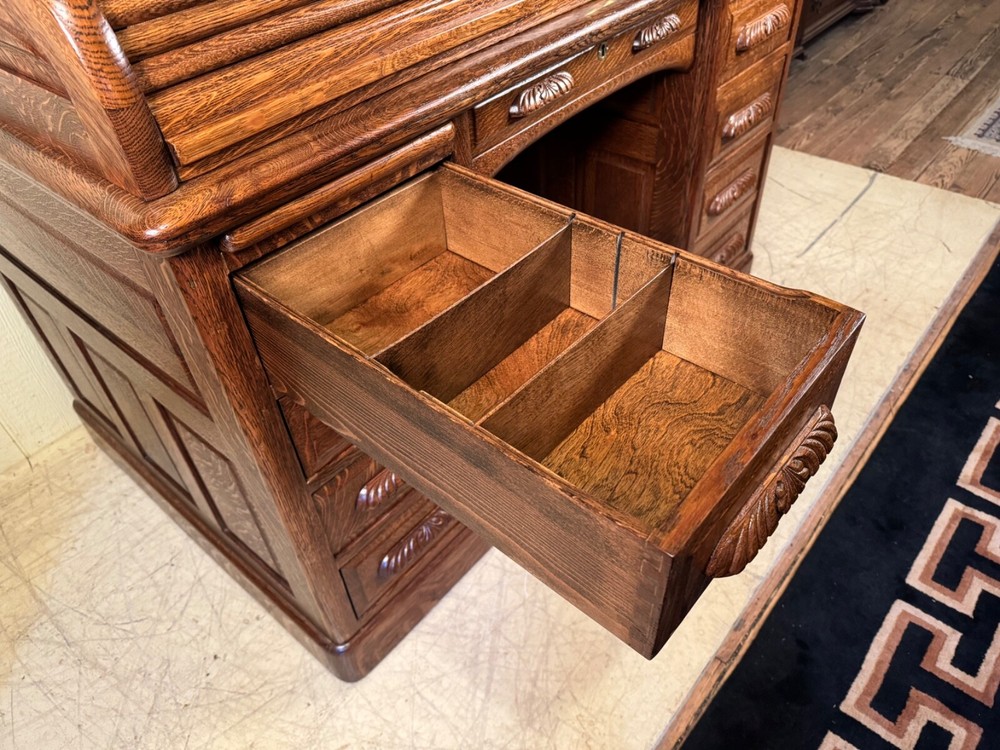 Antique Oak 50" Raised Panel S-Roll Top Desk with Carved Pulls